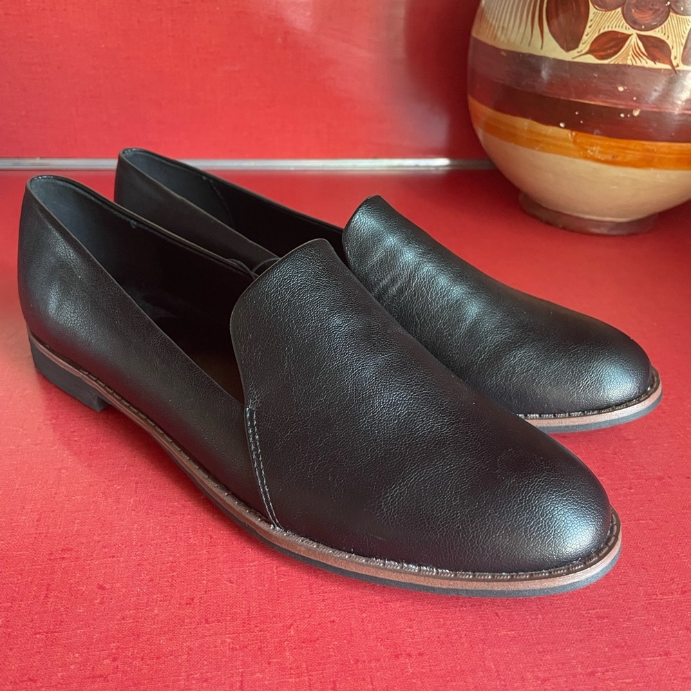 Black faux leather loafers, women’s size 10